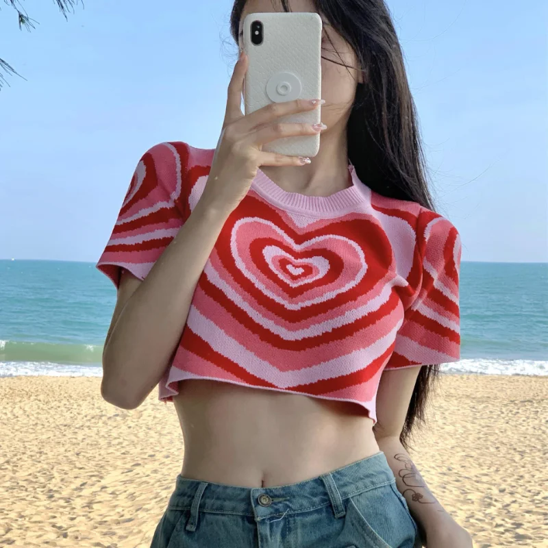 Fashion Knitted Tops Women Korean Style Summer Short Sleeve Love Shape Cute Jumper Spicy Girl Round Neck Sexy Crop Tops Pullover