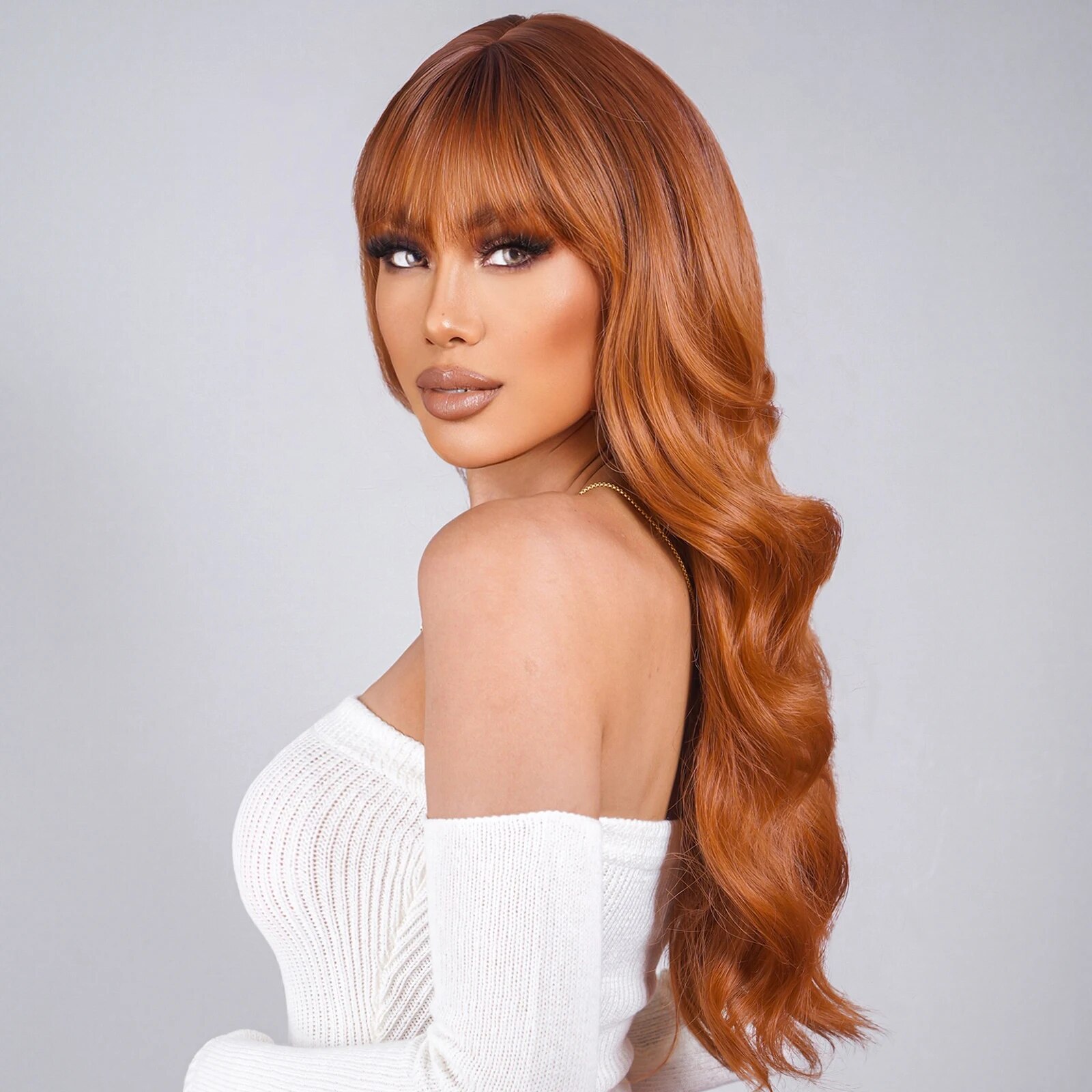 HENRY MARGU Red Brown Wigs with Bangs Long Wavy Copper Ginger Synthetic Wig for Black Women Daily Party Use Heat Resistant Fiber