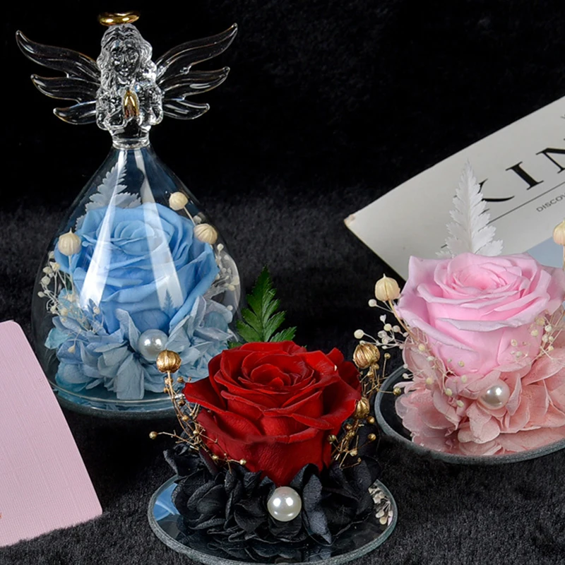 Eternal Flowers In Glass Little Angel Eternal Rose Flower Christmas Birthday Valentine Day Gifts Wedding Decoration Ornament