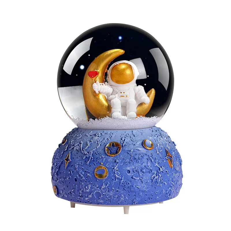Creative Astronauts Snow Globe Luminous Crystal Ball Music Box Glass Ball Desk Ornaments Office Home Decor Kids Christmas Gifts