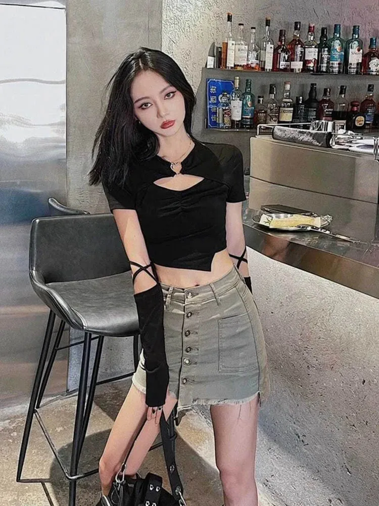 High Street Short Sleeve T-shirt Women Harajuku Summer Hollow Out Slim Design Ins Korean Style Above Navel Cropped Top All-match