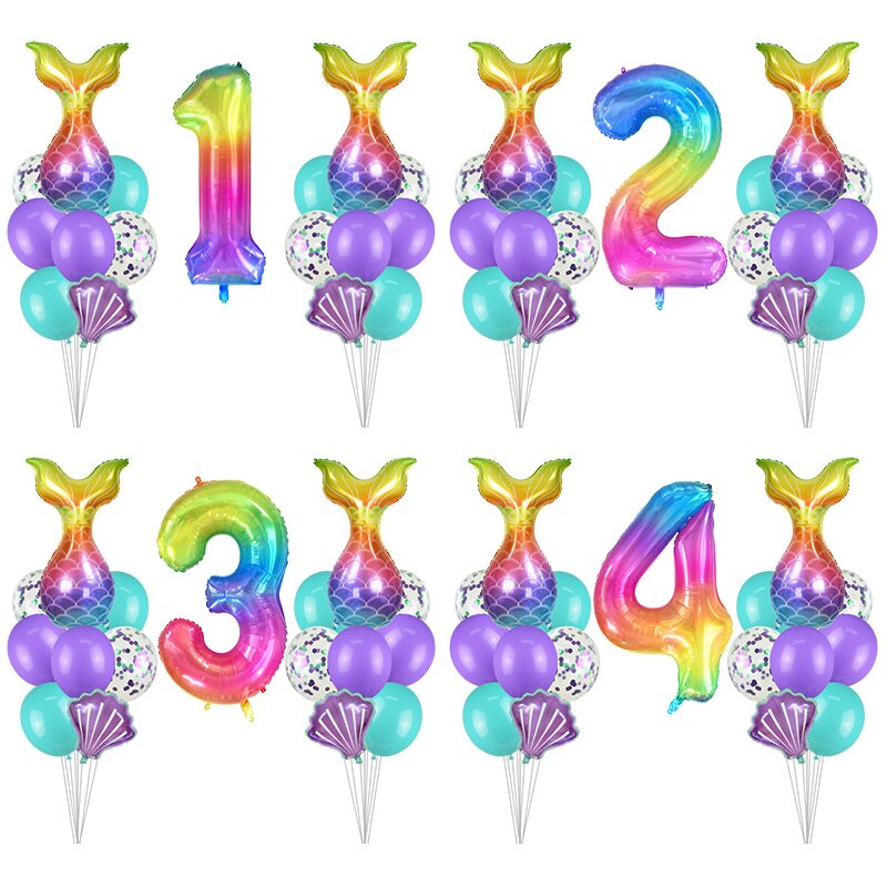 17Pcs/Set Mermaid Theme Party Rainbow Digital Foil Balloons Combination Baby Shower Birthday Party Decoration Balloon