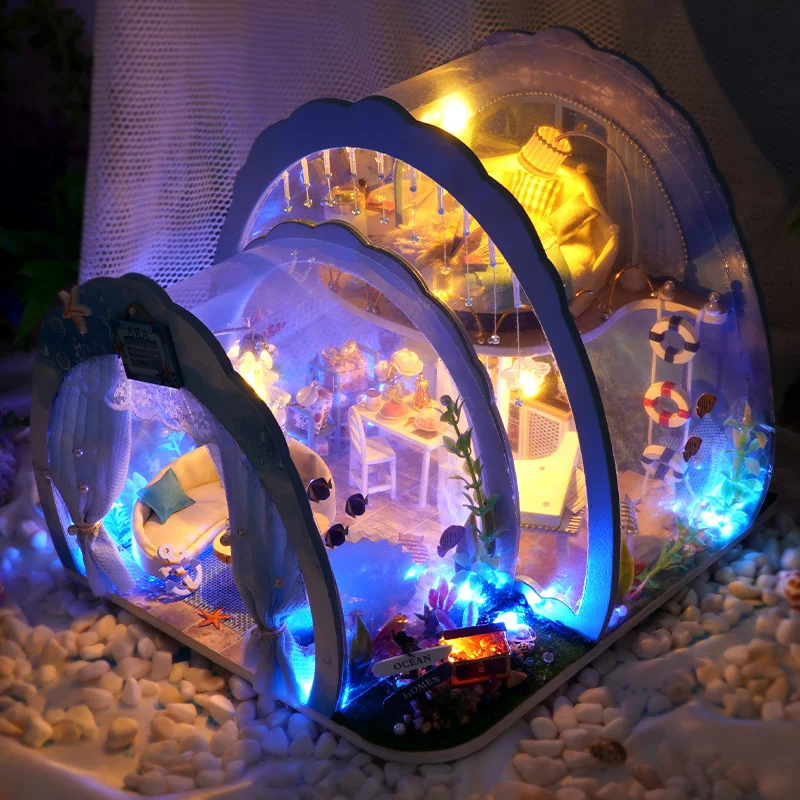 DIY Miniature Wooden Dollhouse Kit with Furniture Upgrade Blue Ocean Room Casa Doll House for Children Adult Christmas Gifts