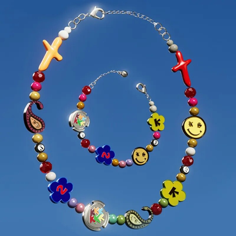 Y2K Hip Hop Multicolor Flower Necklace Ins Colorful Beading Chain Cross Necklace Choker Necklace Men Girls Women Jewelry