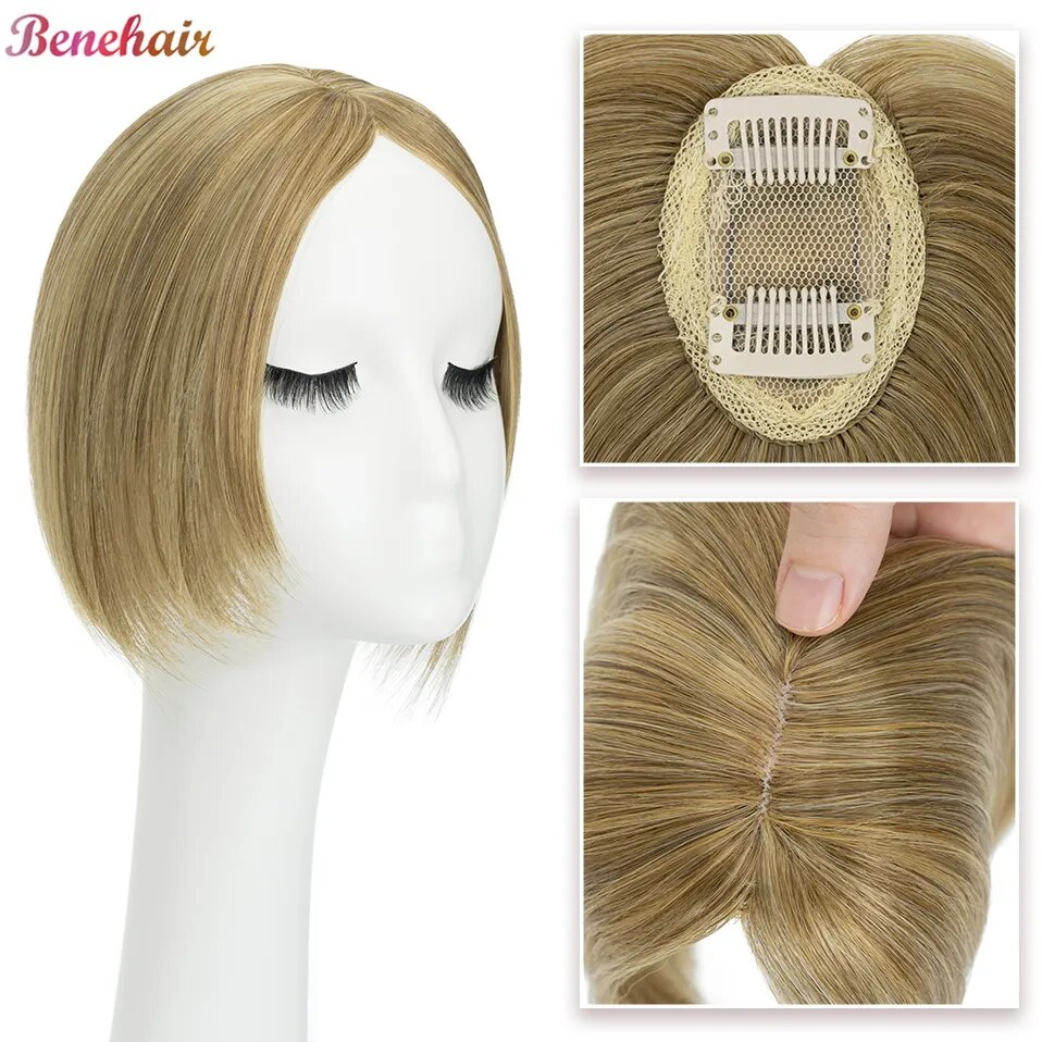 Benehair Synthetic Hair Topper 7.5x5cm Straight 2 Clips Center Part Hairpiece For Women Top Hair Pieces Clip In Hair Extensions
