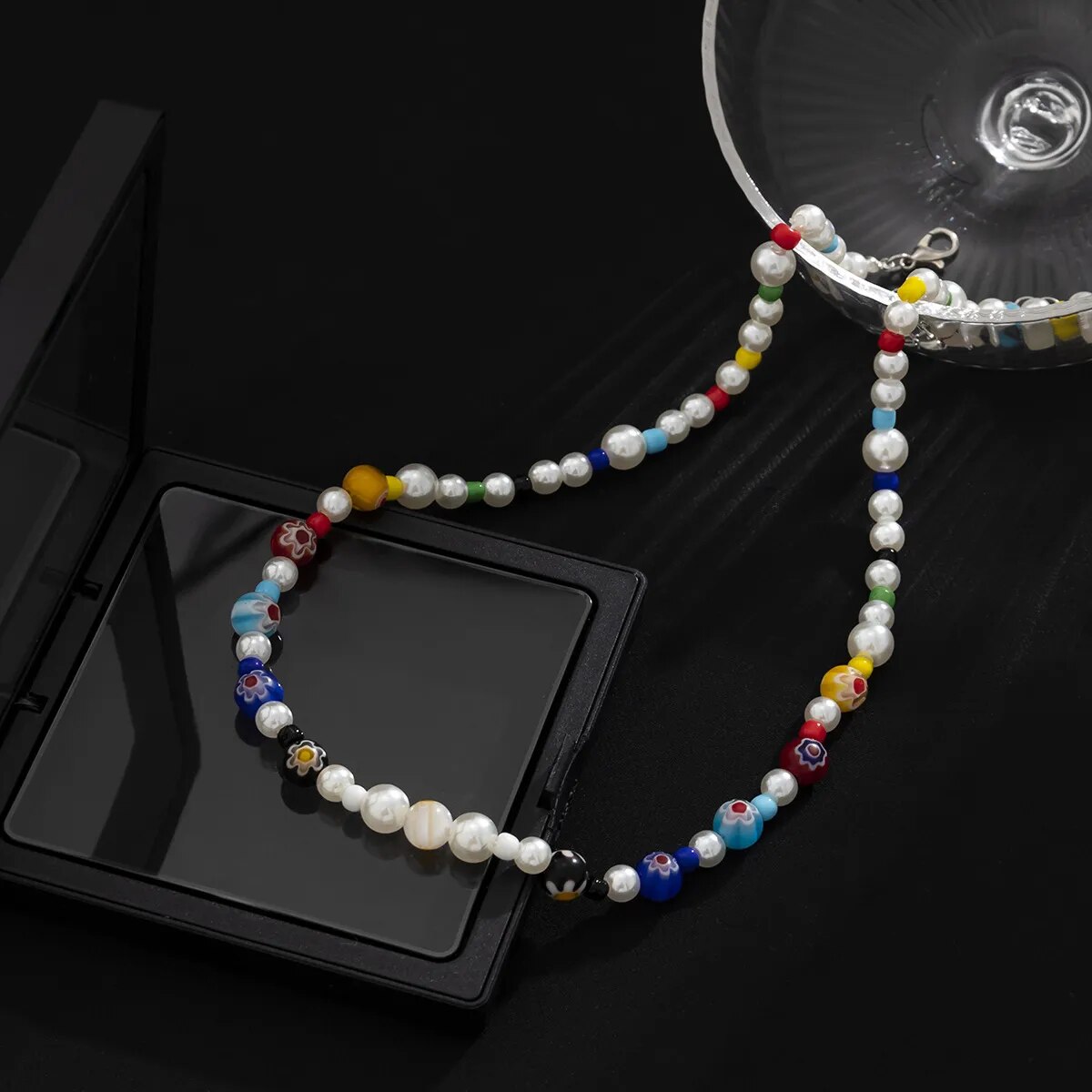 Simple Hip hop Style Colorful Glass Crystal Beads Pearl Necklace Man Sunshine Boy Colored Pearl Necklace Bead Choker
