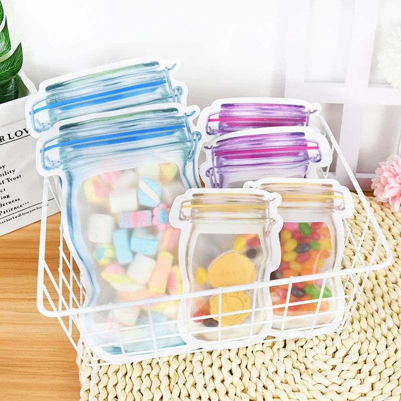 5/10pcs Reusable Mason Jar Bottles Bags Stand-Up Food Storage Snack Candy Bags Zipper Bag Portable Kitchen Organizer Sealed Bag