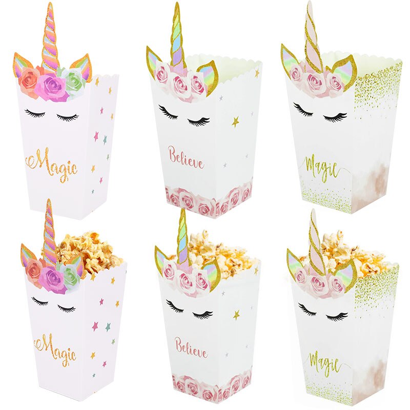 10pcs Unicorn Party Supplies Paper Popcorn Box Gift Box Candy Cookies Bags Unicorn Theme Party Popcorn Bags Baby Shower Favors