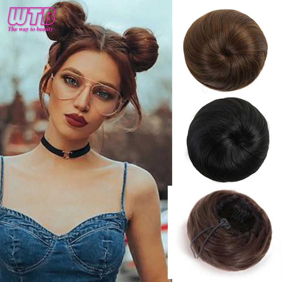 WTB Synthetic Hair Bun Straight Chignon for Women Hair Band Elastic Rubber Band High Temperture Fiber Hairpiece Hairpins Black