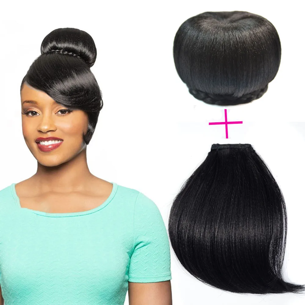 Synthetic Fake Hair Bun And Bang Heat Resistant Braided Chignon HairPiece Donut Ponytail Wig For Women Clip in Hair Extension