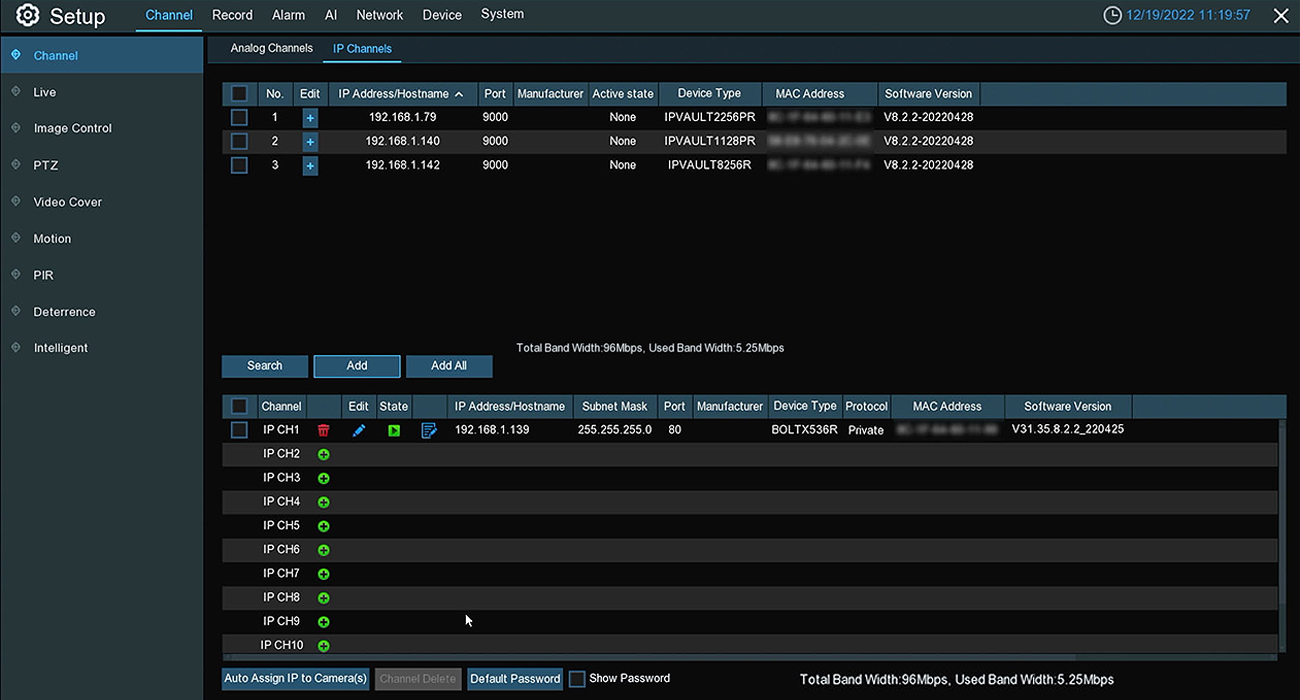 Add 4 IP cameras to the DVR. If all analog channels are deactivated,  add 12 IP digital cameras