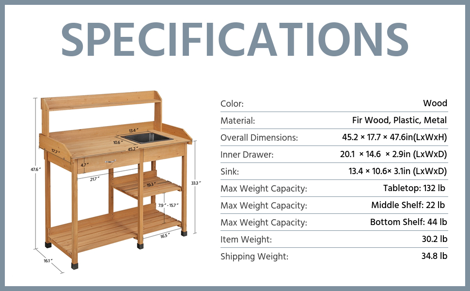 garden potting bench specifications