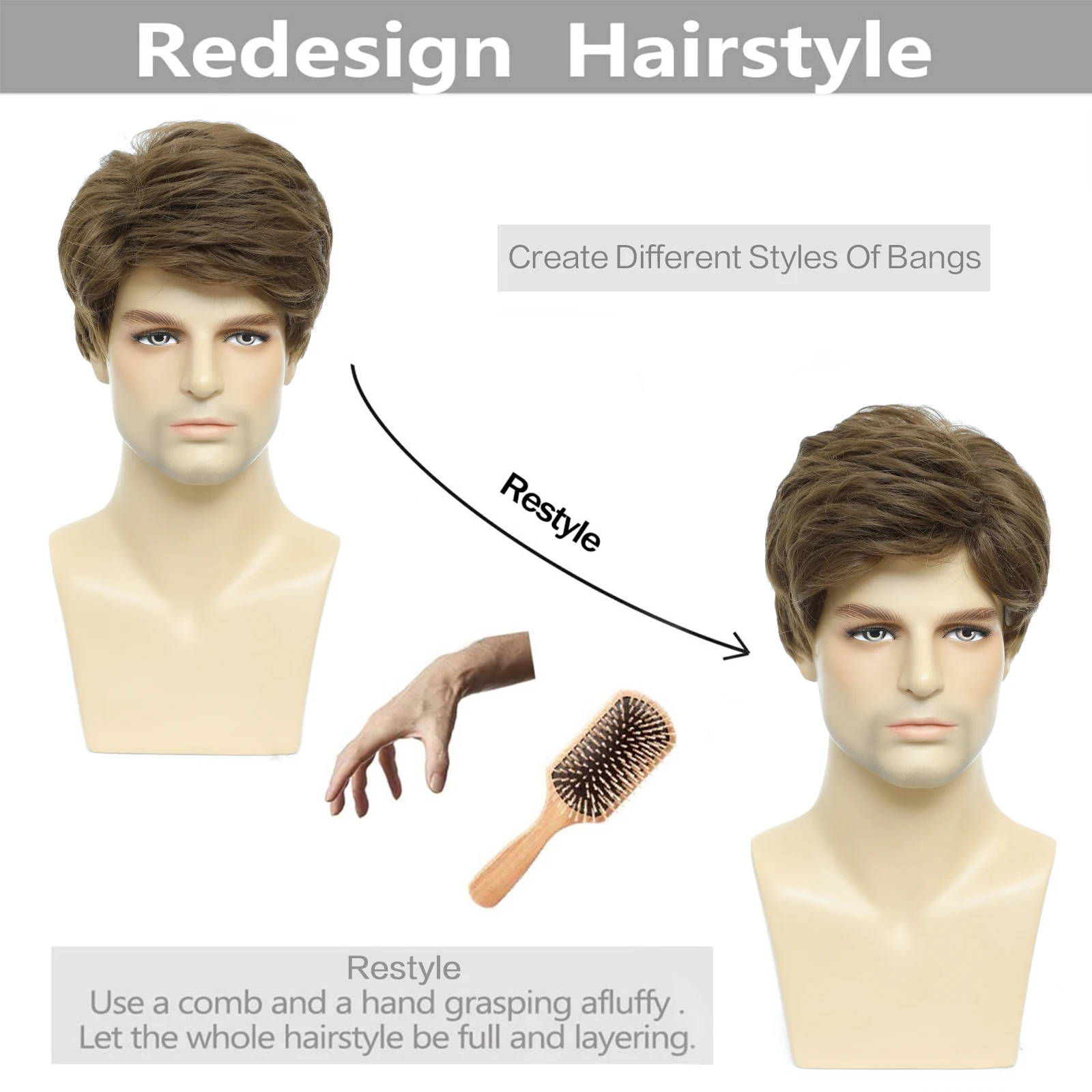 BCHR Mens Wigs Short Brown Wig Men Natural Fluffy Cosplay Costume Synthetic Mens Wig for Male Guy