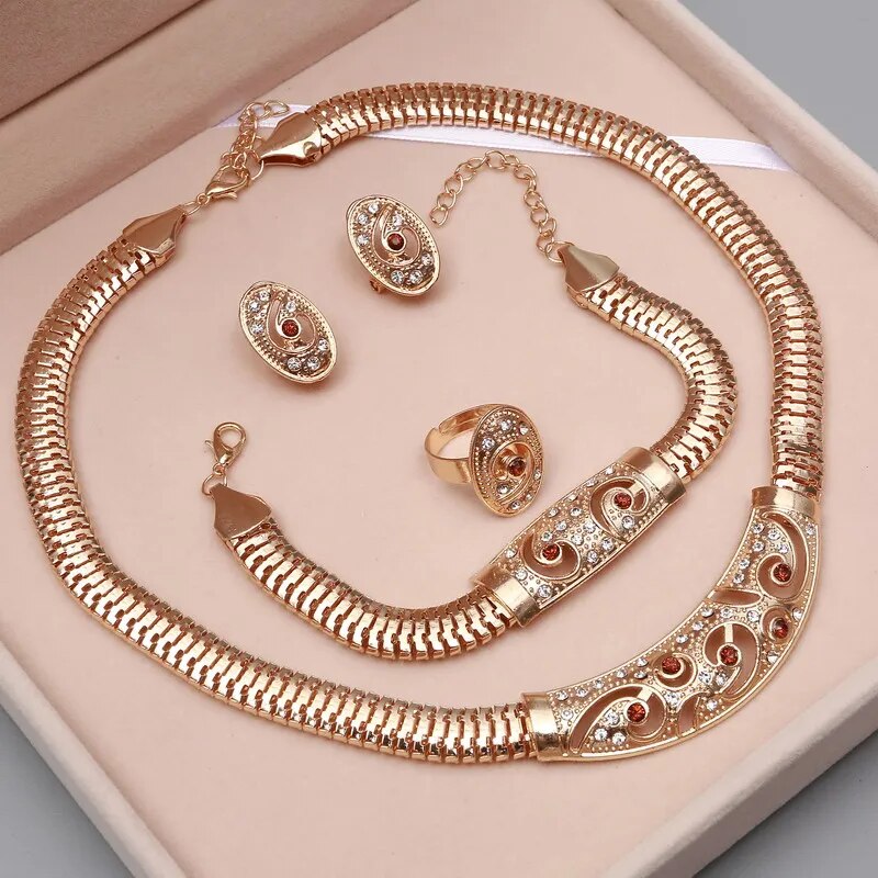 Dubai Gold Plated Jewelry Sets Nigerian Wedding African Beads Crystal Bridal Jewellery Set Rhinestone Ethiopian Jewelry parure