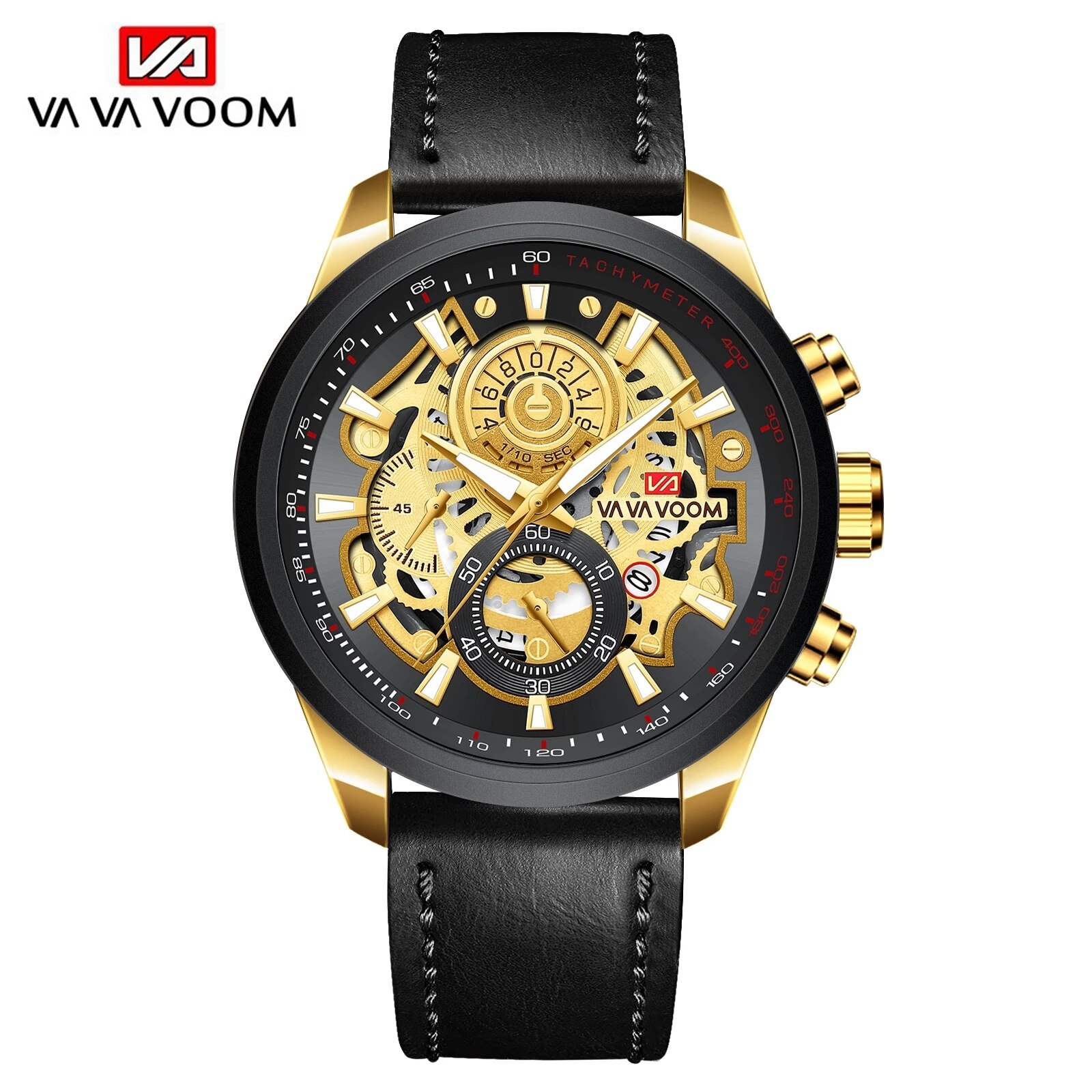 VAVA VOOM Business Mans Watches Quartz Watch Luxury Men's Wrist Watch Black Gold Stainless Steel Case Waterproof Wristwatch