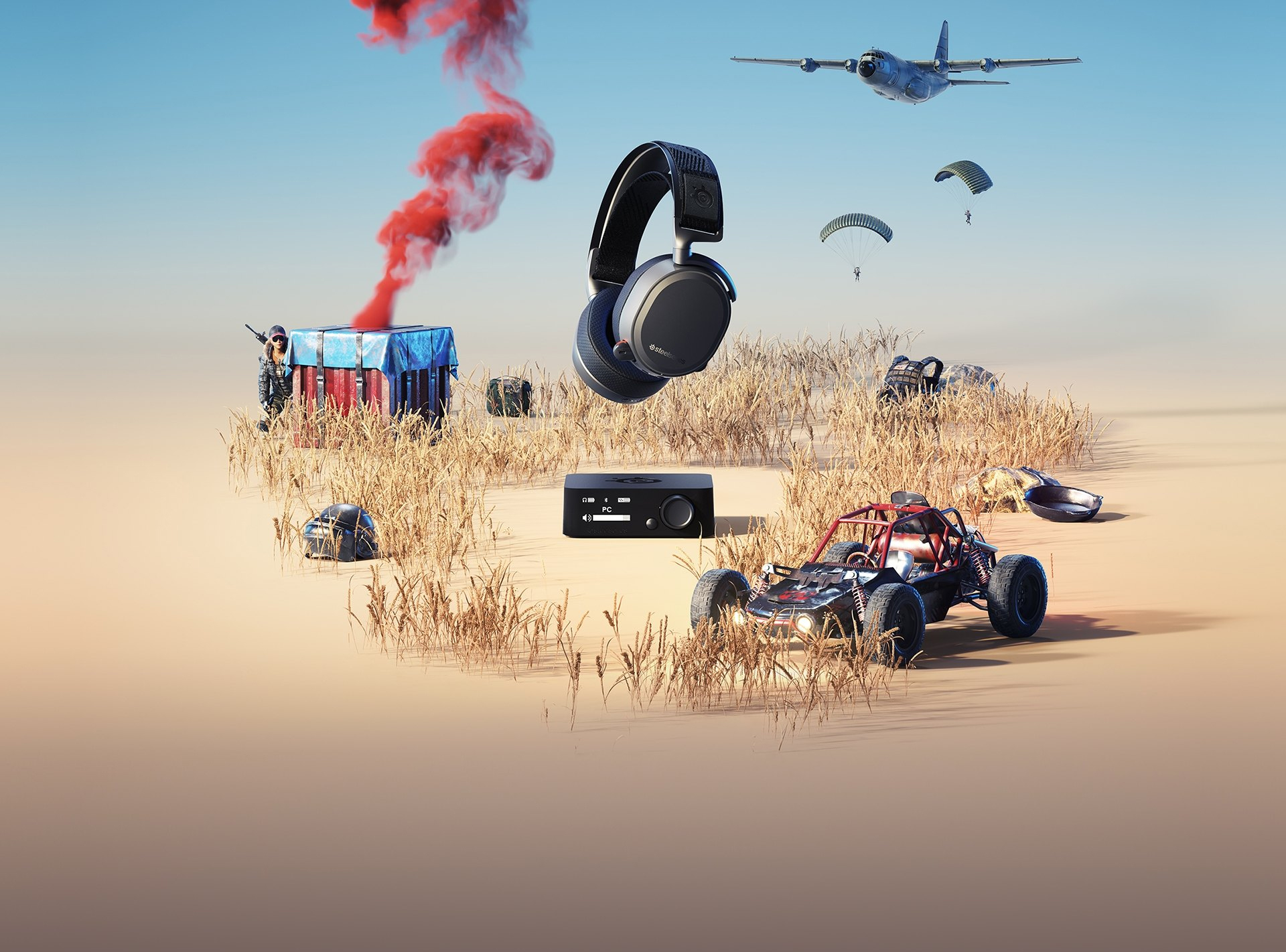 SteelSeries Acrtis Pro headset floating above its base station in a desert with the PlayerUnknown's Battleground desert with the level 3 helmet, frying pan, a player behind a supply drop, a four-wheel buggy and backpack. In the sky the plane flys to the left with two players parachuting down