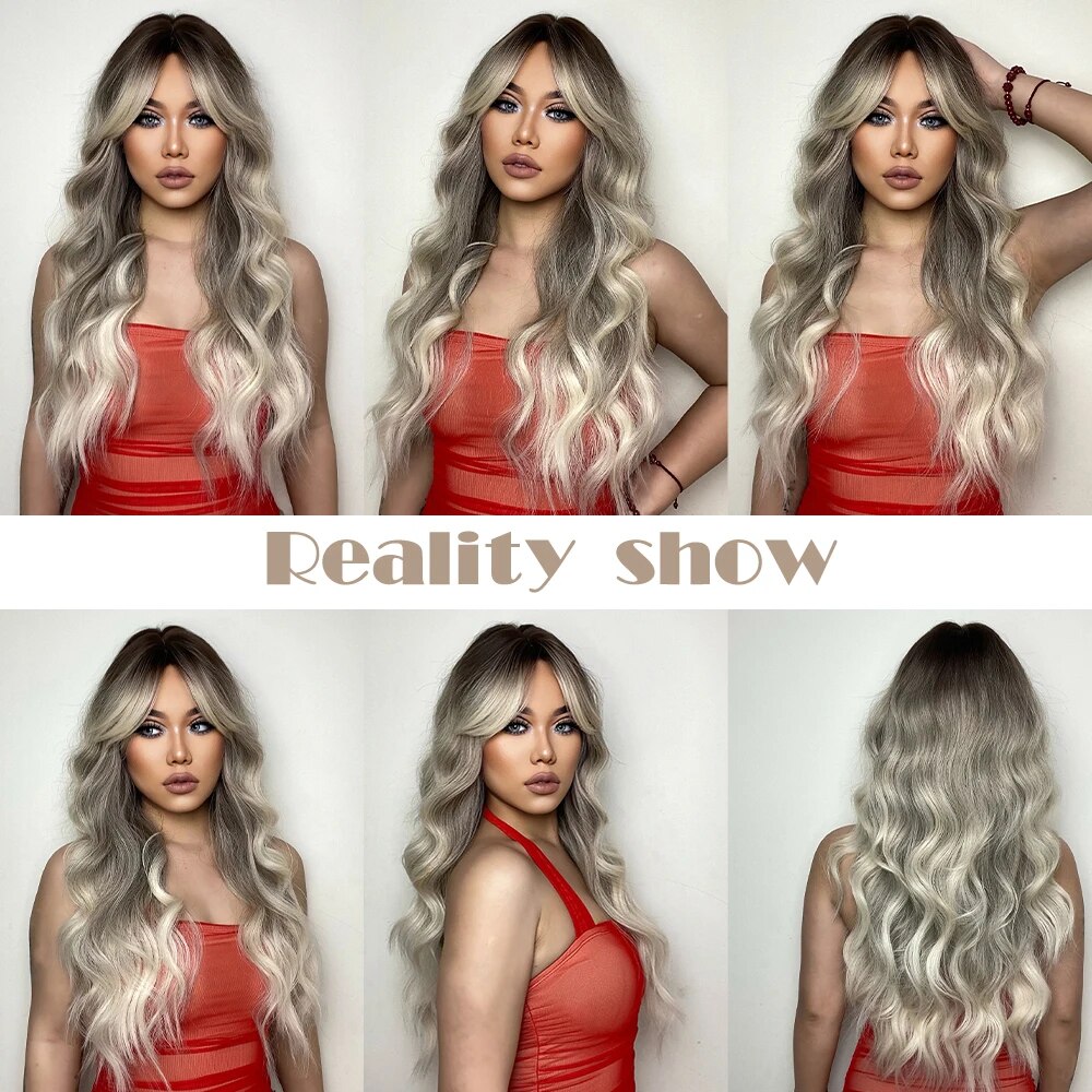 Black Ombre Blonde Platinum Wave Synthetic Wigs Long Grey Ash Hair Wigs for Women Daily Cosplay Party Heat Resistant Wig