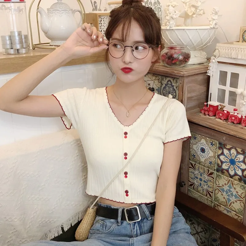 Women's Patchwork Short Sleeve Crop Tops Knitted Casual T-Shirt Woman Sweet Patchwork Short Tops