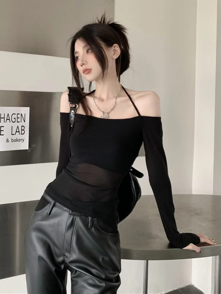 Halter T-shirts Women Slim Black Patchwork Hotsweet New Thin Sexy Off-shoulder Chic Designed Korean Fashion Streetwear Crop Tops