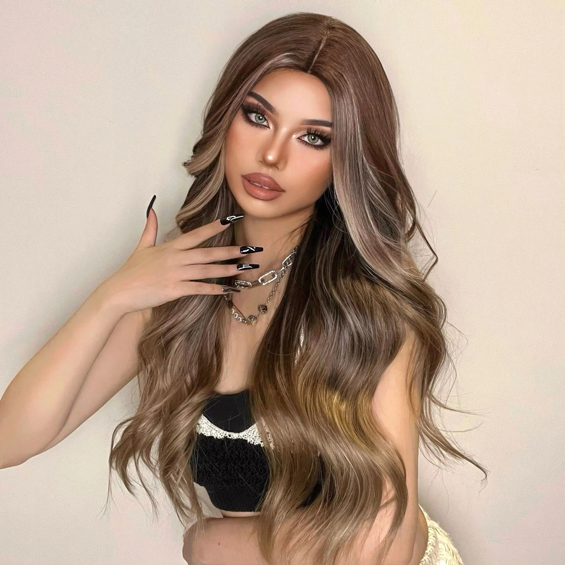 Ombre Brown Blonde Highlight Synthetic Wigs Natural Long Wavy Wig for Women Cosplay Daily Middle Part Hair Heat Resistant