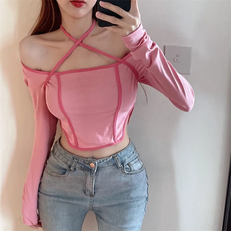 Women's Tops Cross Halter Slim Sexy Expose Navel Long Sleeves Casual T-shirt Square Neck Color Contrast