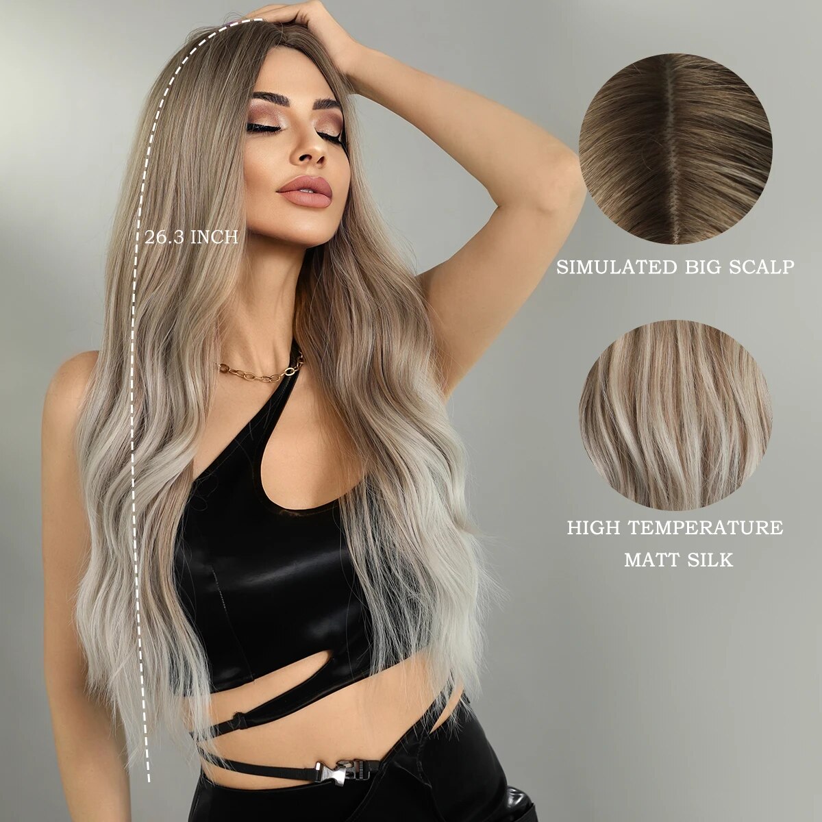 7JHH WIGS Highlight Wig Body Wave Ombre Platinum Blonde Wig with Bangs Synthetic Wigs for Women Cosplay Wig Heat Resistant Hair