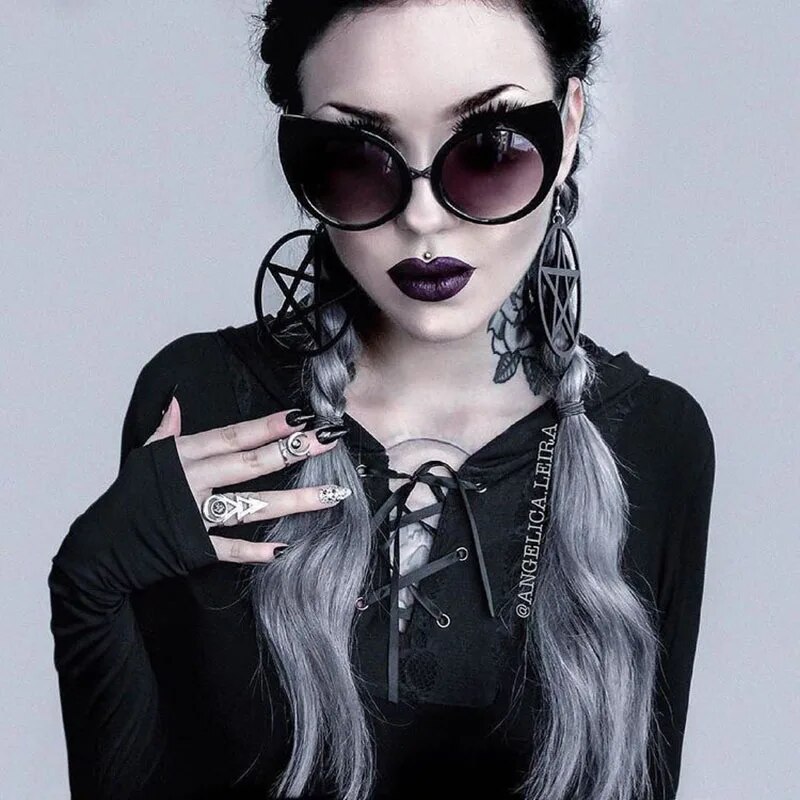Halloween Dark Black Gothic Cat Eyes Sunglasses Vintage Luxury Brand Steampunk Oversized Sunglasses For Women
