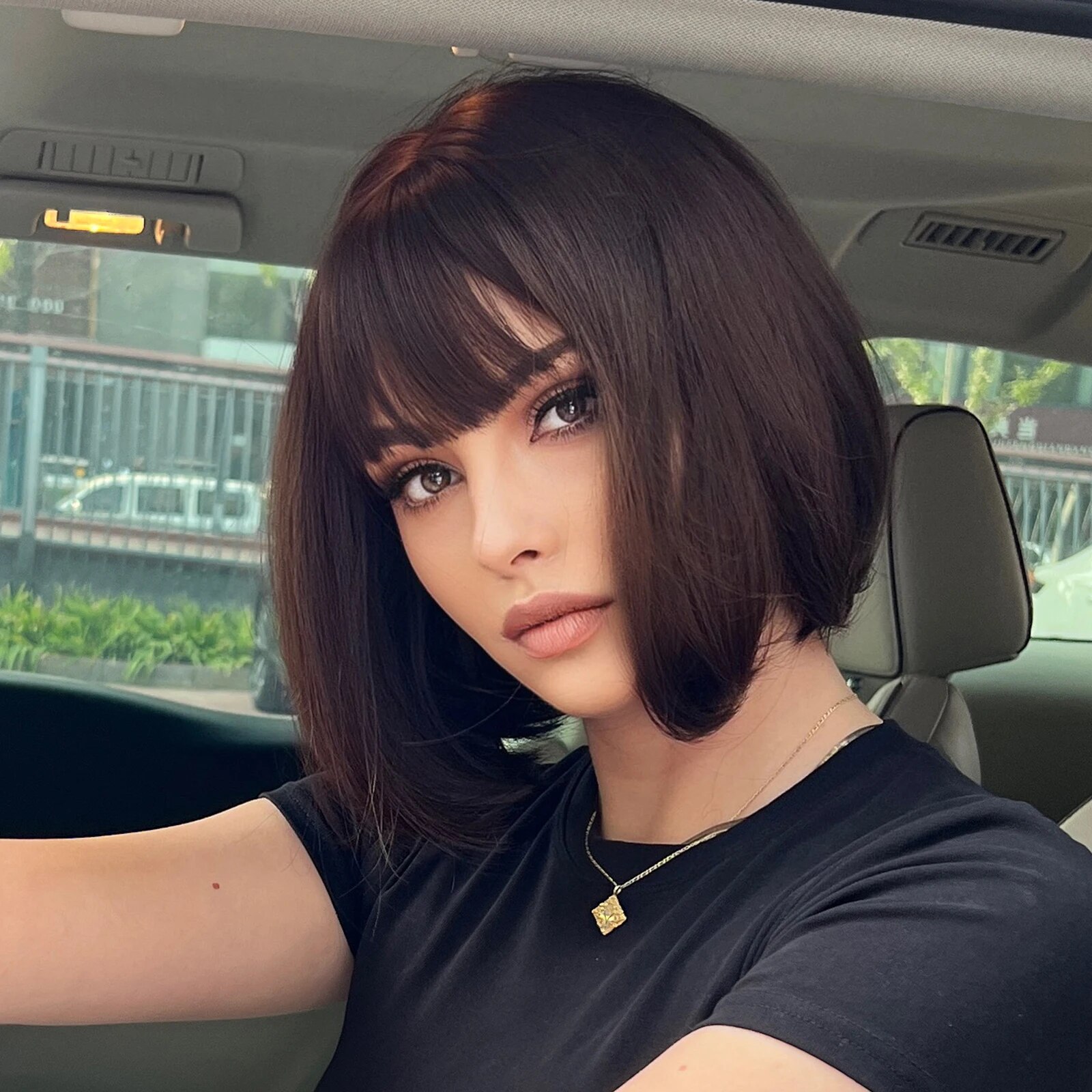 HENRY MARGU Short Straight Synthetic Wigs with Bang Brown Black Brown Hairs Wig for Women Daily Cosplay Party Heat Resistant