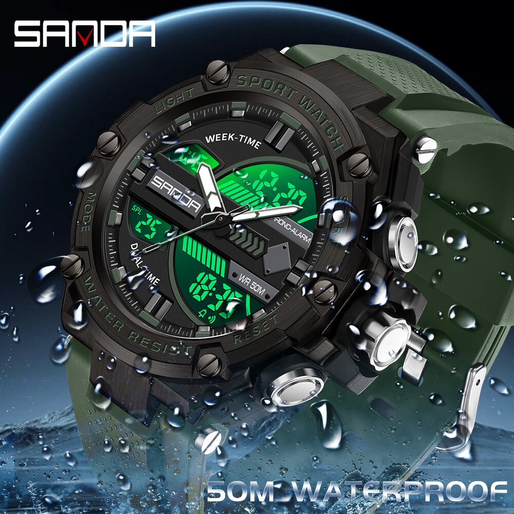 SANDA Men's Watches 50M Waterproof Wristwatch LED Digital Quartz Clock Sports Military Watch for Men Relogios Masculino 3185