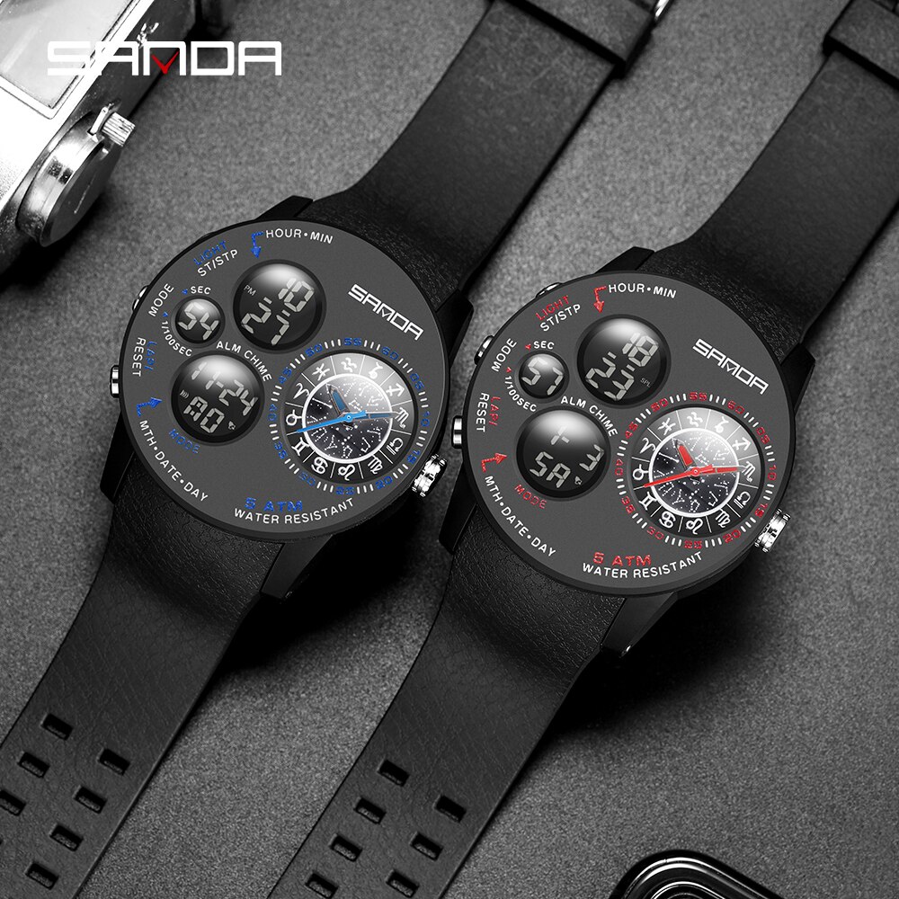 SANDA 2023 Fashion Outdoor Mens Watches Top Brand Military Sports Quartz Watch Dual Display Wristwatch Waterproof Clock 6036