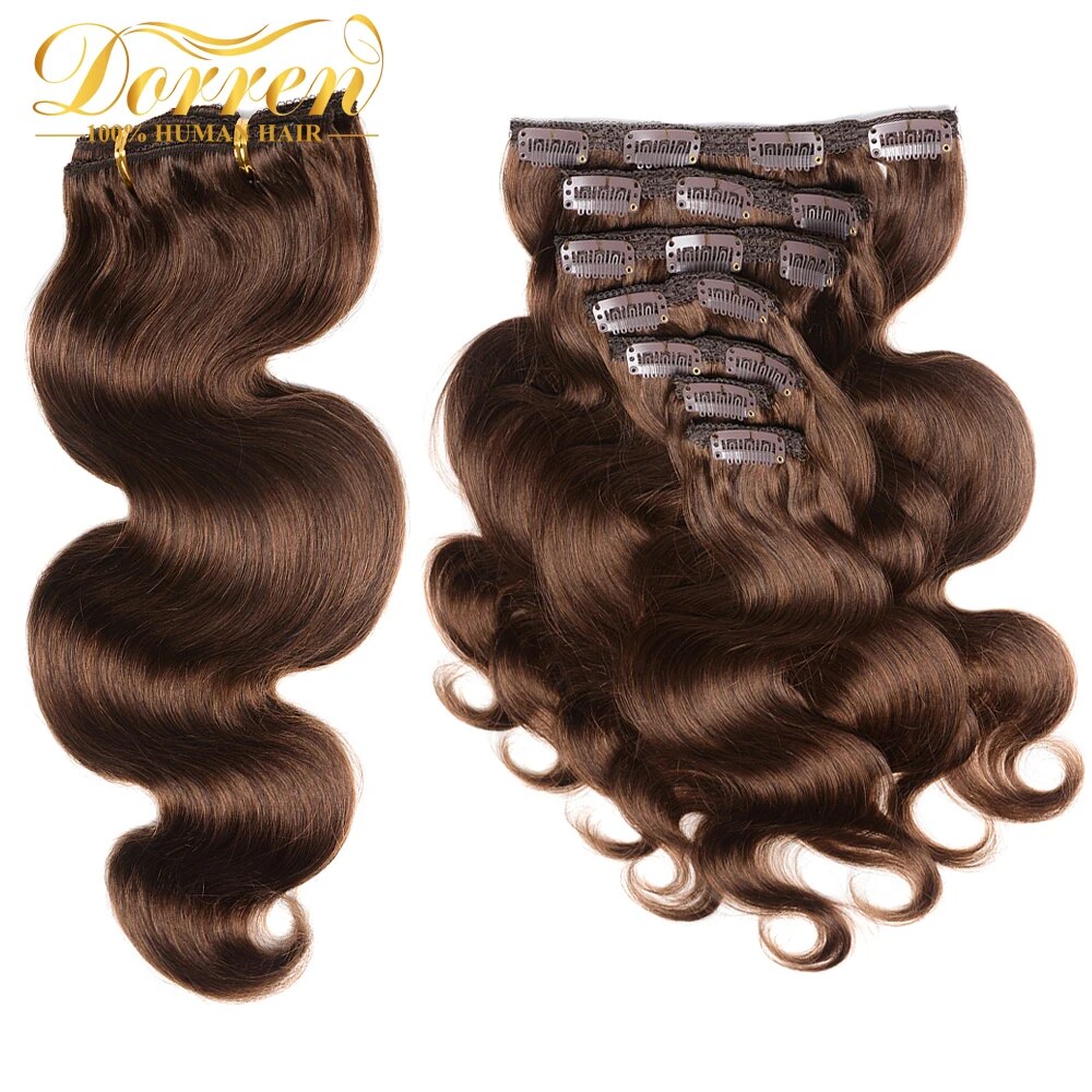 160G 200G 240G Full Head Body Wavy Clip Hair Extensions Brazilian Machine Remy 100% Real Natural Human Hair Clip in Brown Color