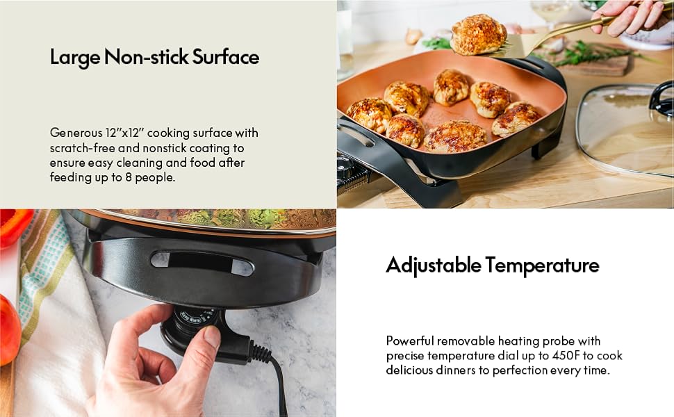 large nonstick surface and adjustable temperature with removable probe