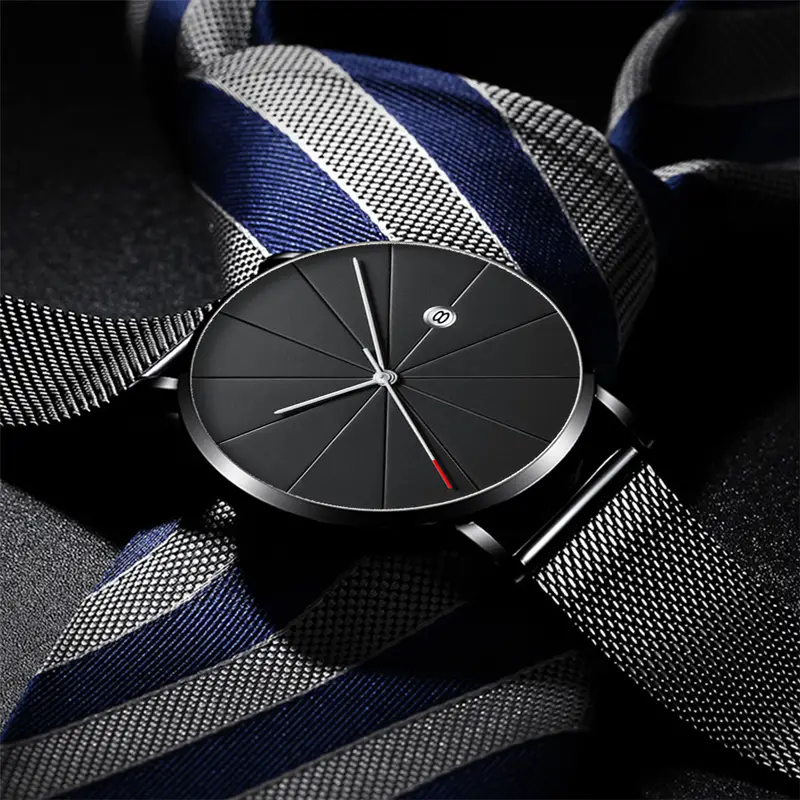 1pc luxury fashion mens business watch ultra thin stainless steel mesh quartz watch reloj hombre details 1