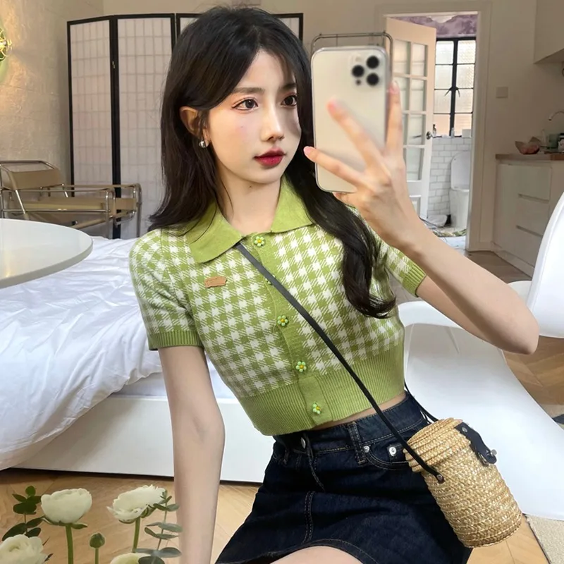 Women's Short Sleeves Cardigan Single-breasted Lapel Short Knitted T-shirt