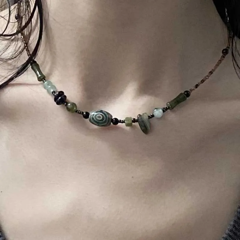 Vintage Chinese Style Tibetan Stone Lucky Beads Necklace for Women Men Retro Ethnic Choker Beaded Neck Chain Fashion Jewelry