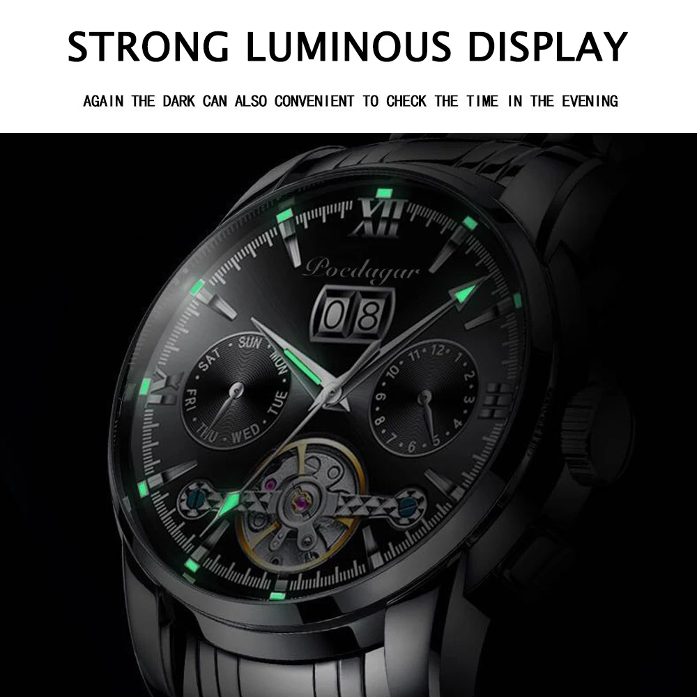 POEDAGAR 2021 Luxury Men Mechanical Wristwatch Genuine Leather Automatic Sports Chronograph Men Watches Top Brand Business Clock