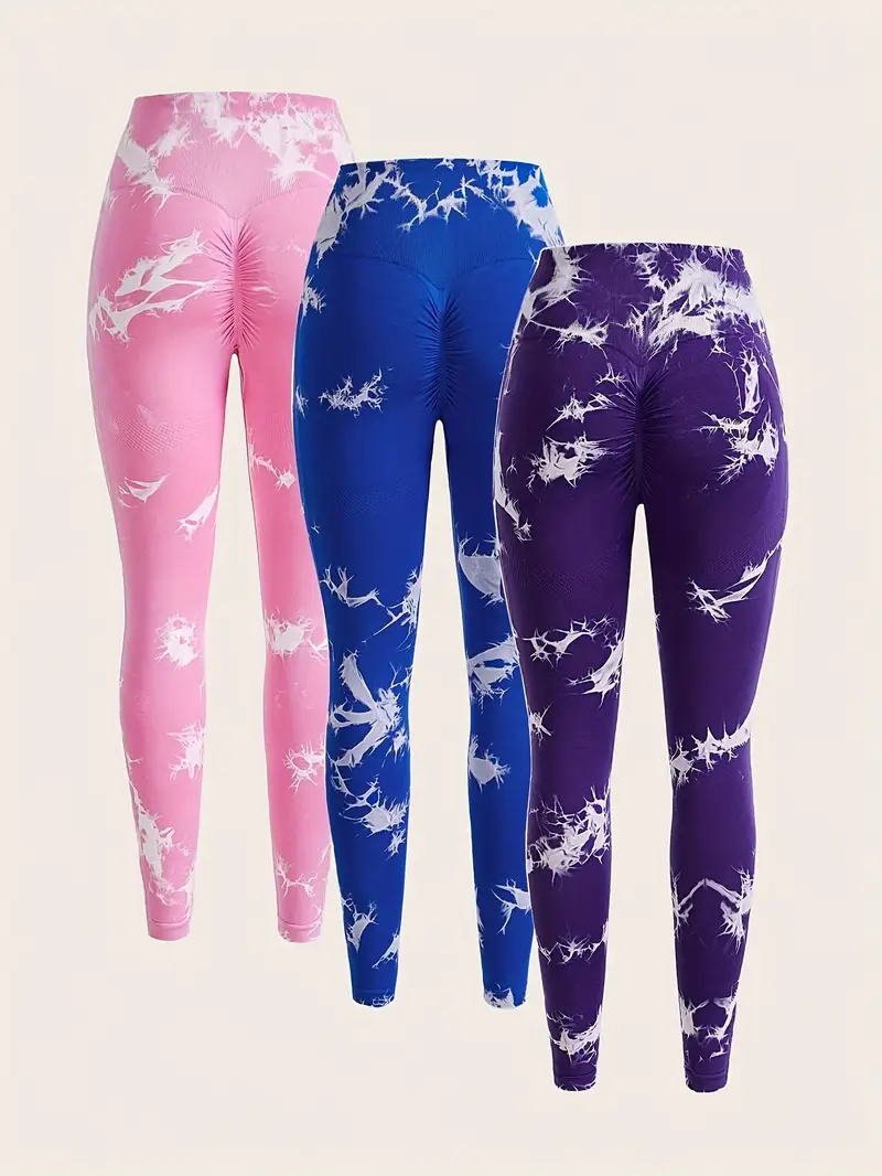 3pcs tie dye high waist sports leggings running workout fitness yoga tight pants womens activewear wide waistband details 8