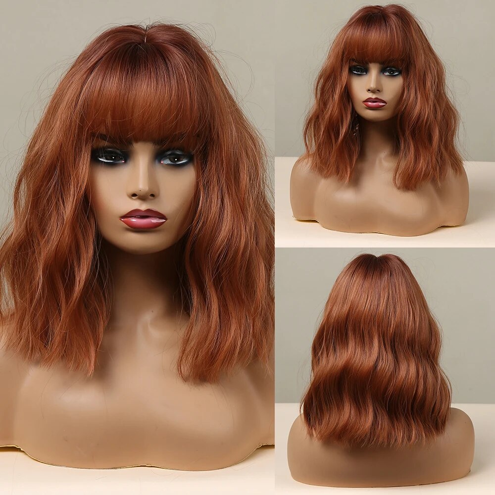 HENRY MARGU Red Copper Ginger Synthetic Wigs with Bangs Medium Water Wave Natural Bob Daily Hair Wigs for Women Heat Resistant