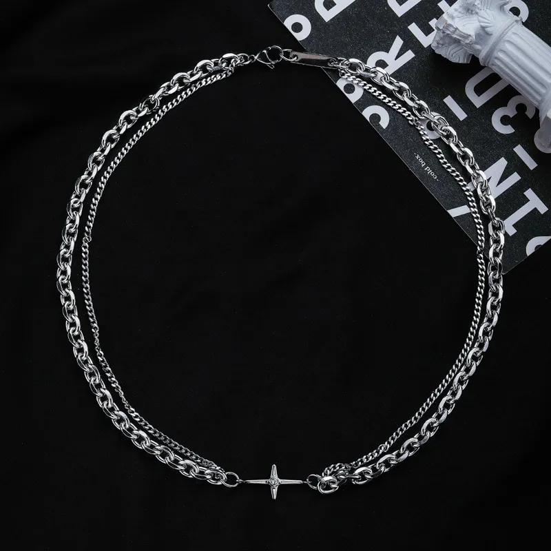 Hip Hop Stainless Steel Cross Necklace for Women Men Punk Double Layer Splicing Chain Necklaces Charm Trend Neck Jewelry Choker