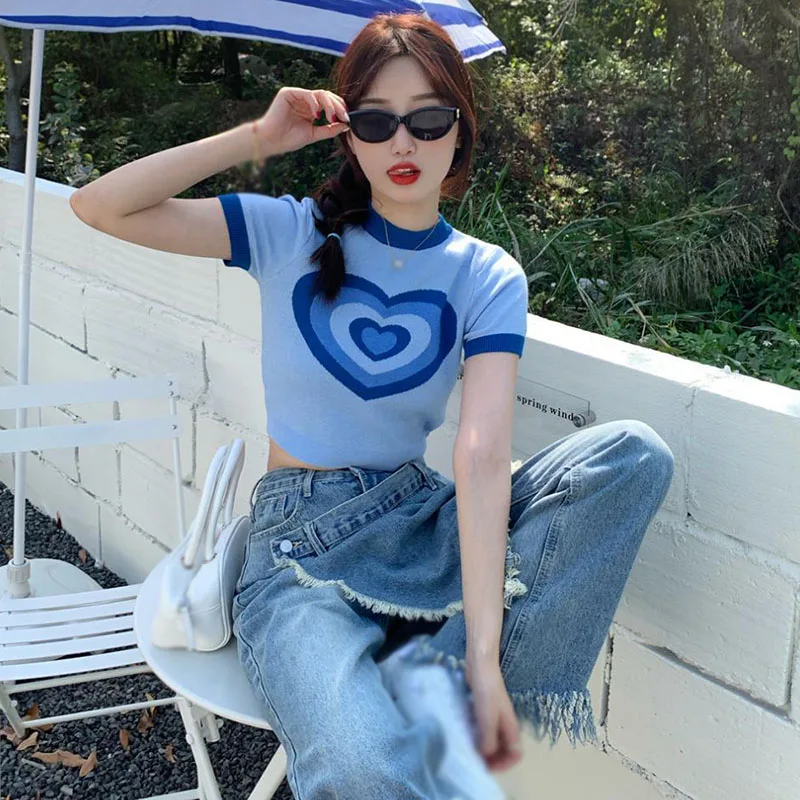 Sweet Women's T-Shirt Retro Short Sleeve Jacquard Love Breathable Slim Fit Knitted Crop Tops Casual Spring Summer Versatile