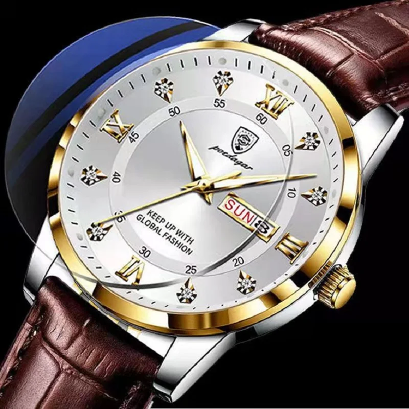 POEDAGAR Men's Fashion Ultra Thin Watches Top Quality Luxury Waterproof Luminous Date Week Leather Watch For Man Business Casual