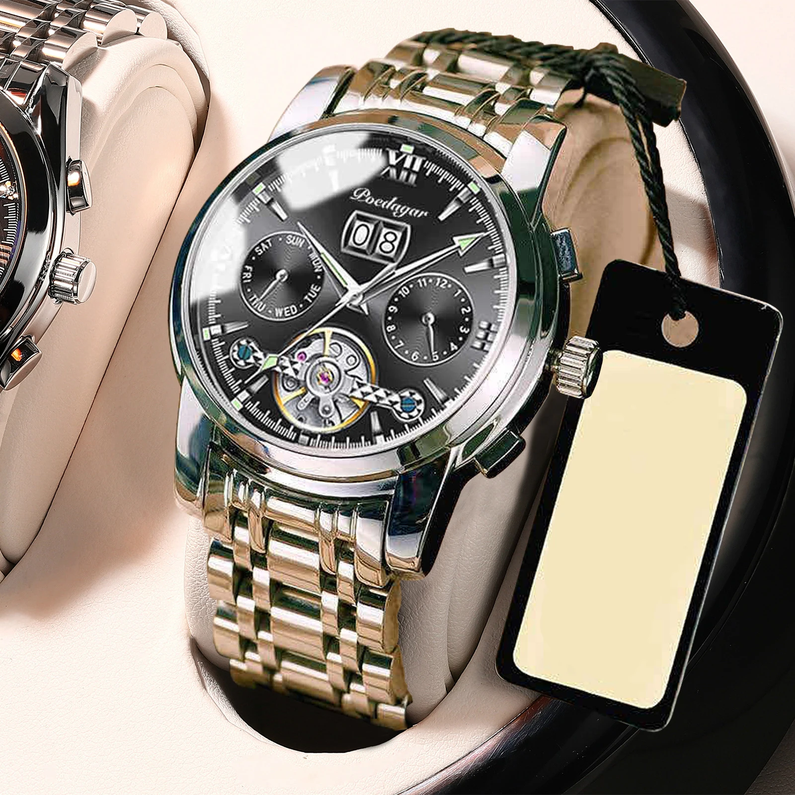 POEDAGAR 2021 Luxury Men Mechanical Wristwatch Genuine Leather Automatic Sports Chronograph Men Watches Top Brand Business Clock