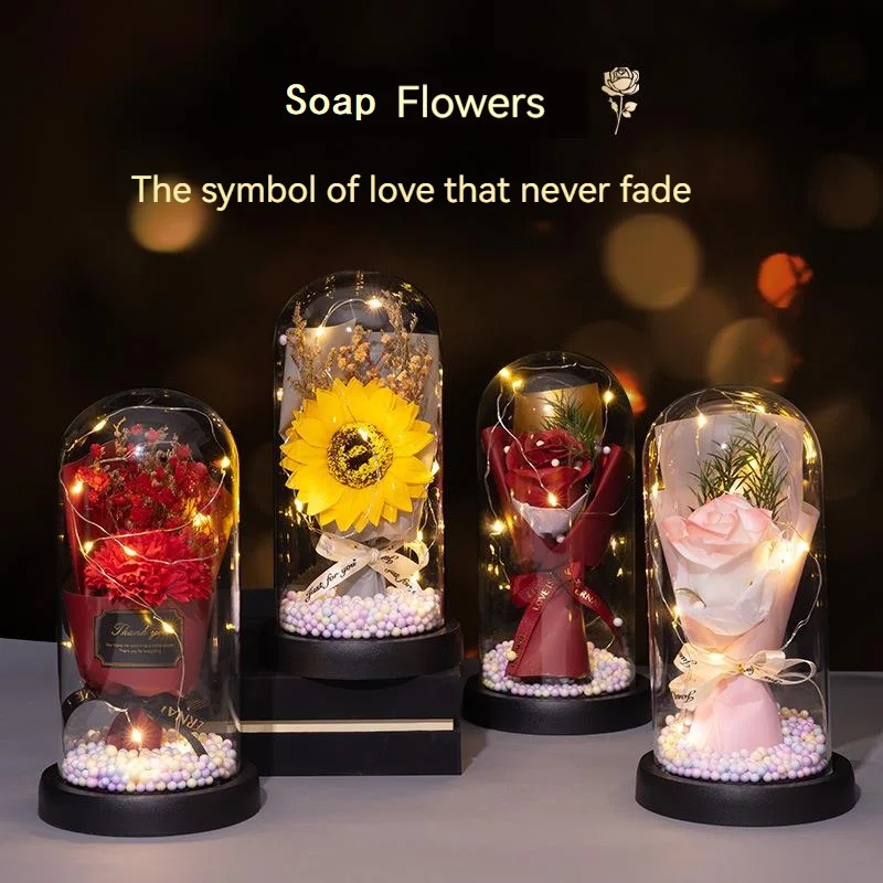 Glass cover soap rose carnation bouquet, Artificial flowers for home decoration, Valentine's Day gifts on Teacher's Day