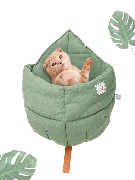 Cat Bed Cave Leaf Nest Non-Slip Bottom Green Soft Pet Mat