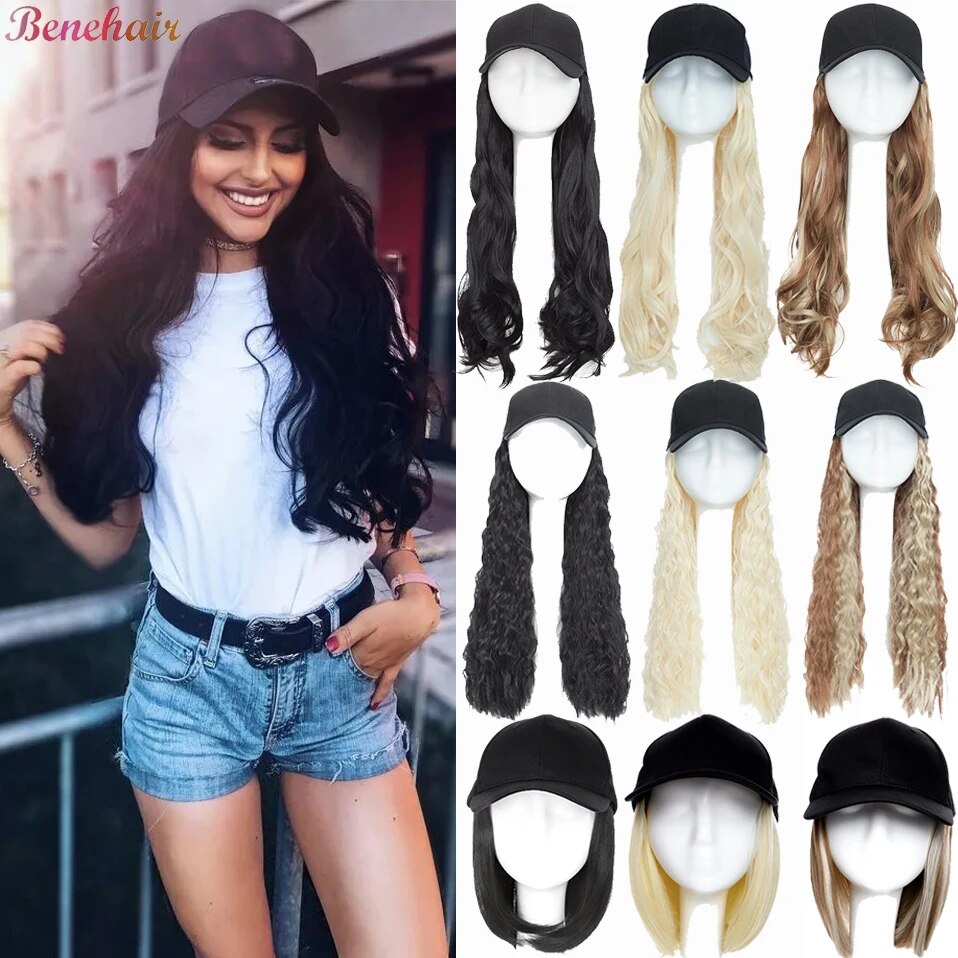 Benehair Synthetic Fluffy Wavy Hair Cap Wigs Straight Baseball Bob Wig Curly Hairpieces Adjustable Wig for Women Girls
