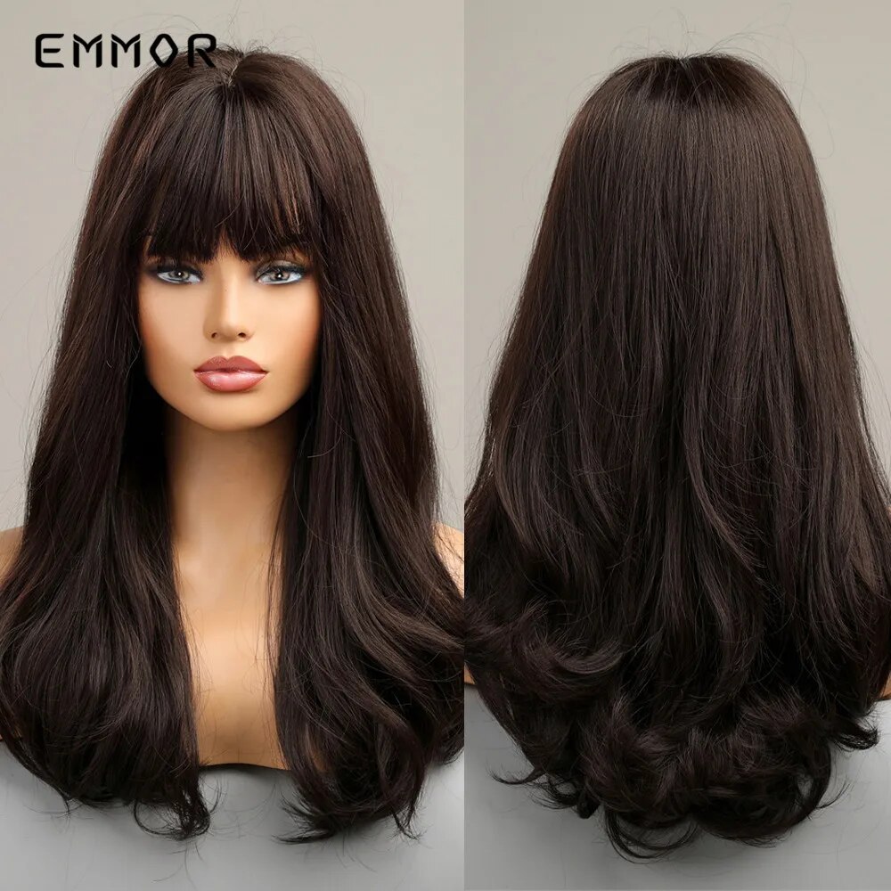 Emmor Synthetic Ombre Brown to Black Wigs Natural Wavy Hair Wig for Women Cosplay Daily Wigs with Bang Heat Resistant Fiber Hair