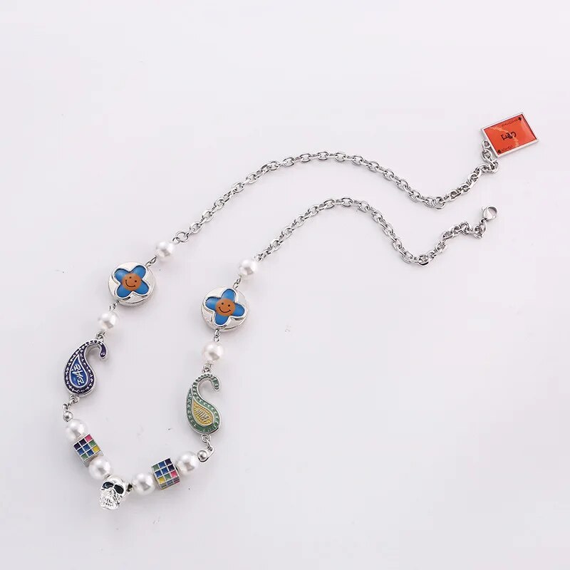 Fashion Petal Cross Wild Round Bead Skull Hip Hop Couple Necklace for Men and Women Hot Sale