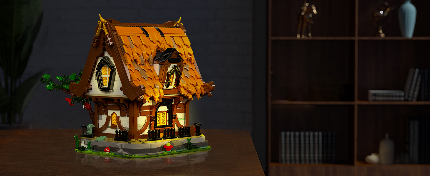 mould king wooden carbin house building blocks with light