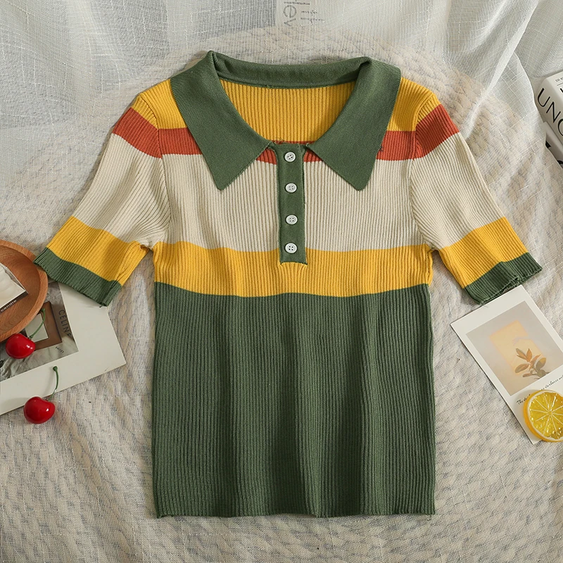 Pearl Diary Korean Version Contrast Color Stripe Turndown Collar Top Women Summer New Style Thin T-Shirt All-Match Knitting Top
