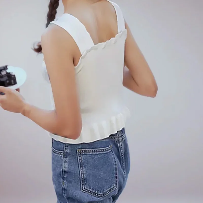 Y2K Sexy Off White Ruffles Sleeveless Tops Buttons Cute Women Cropped T-shirt New Streetwear Stripe 2024 Summer